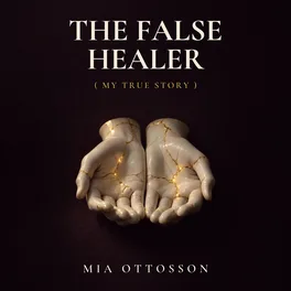 Audiobook cover of The False Healer: porcelain healer's hands mended with gold, on deep plum